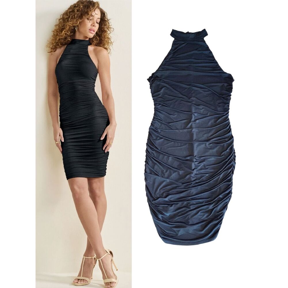 VENUS Black Ruched Shape Embrace Mock Neck Midi Dress Large Clubwear